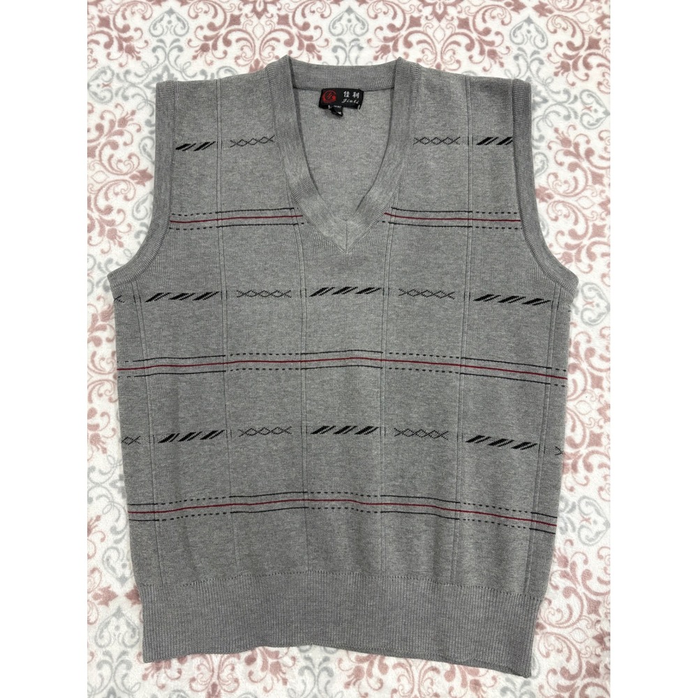 Jiali Mens V-Neck Sweater Vest Gray Geometric Striped Knit Sleeveless Pullover